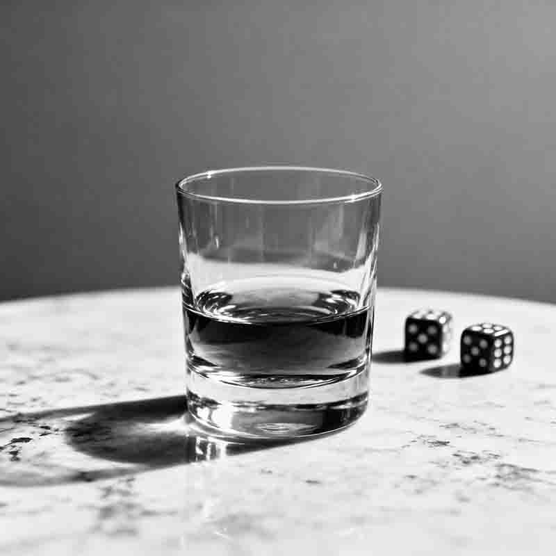 Ein Glas Whisky mit Eiswürfel auf einem Holztisch